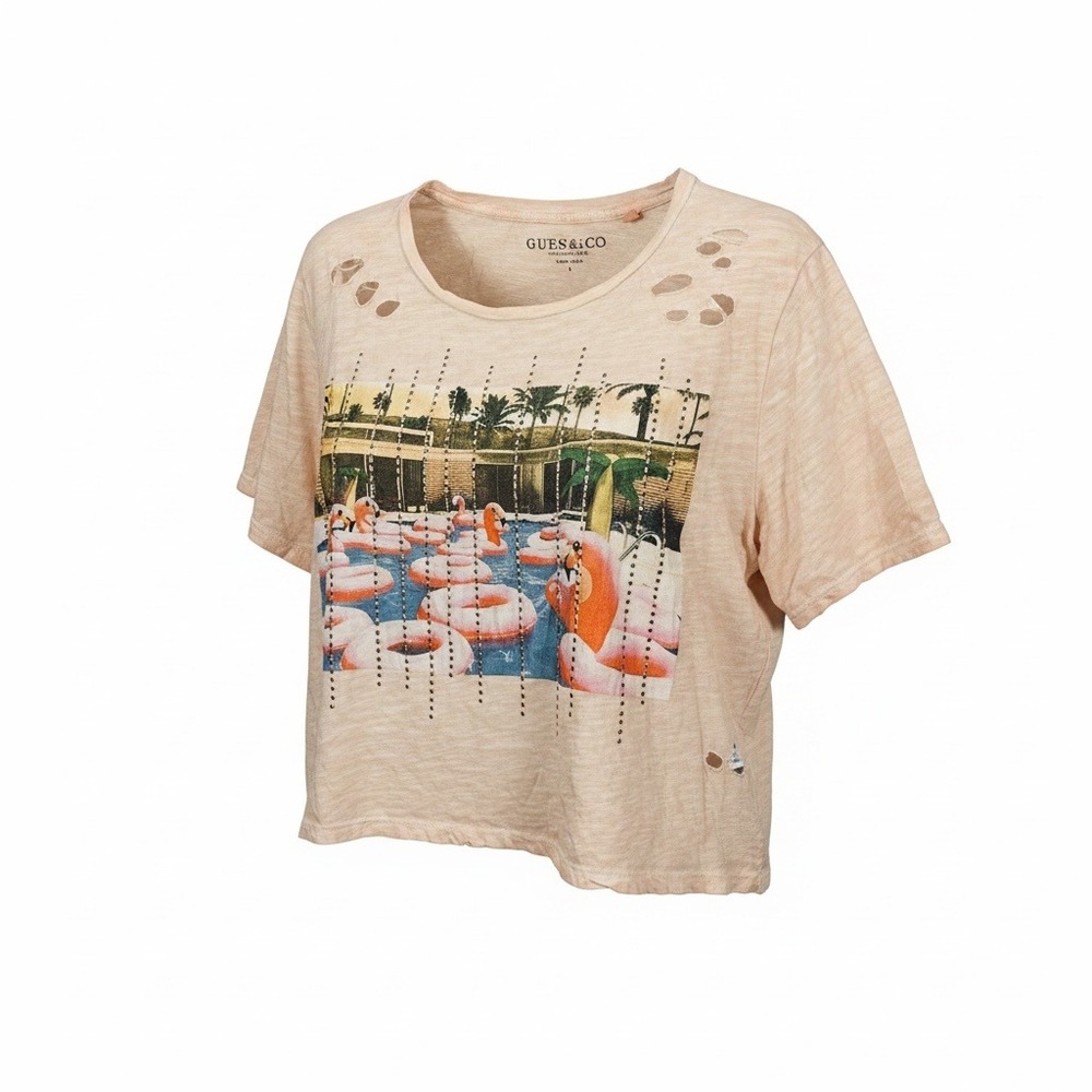 Guess Eco Graphic T-Shirt L Peach Flamingo Rhinestone Distressed Crop Festival